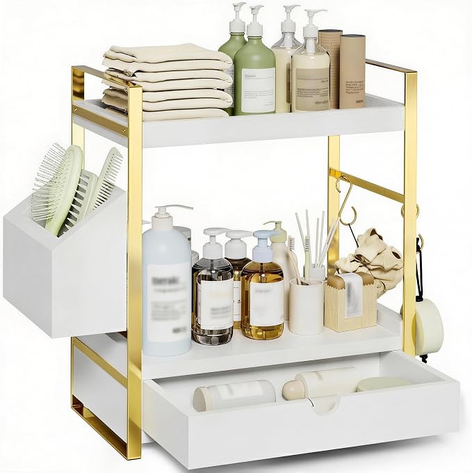 2-Tier Bathroom Counter Organizer, Wooden Vanity Shelf with Drawer & Basket | Pre-Drilled Holes, Skincare & Makeup Countertop Organizer and storage, White-gold