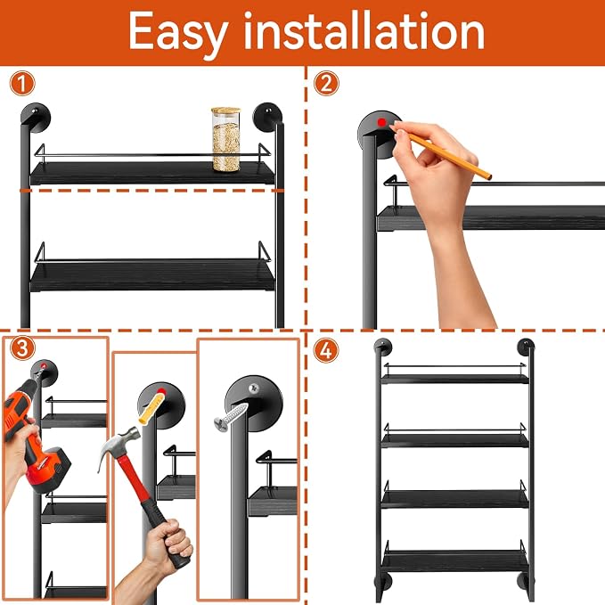 IBUYKE 4 Tier Spice Rack Wall Mount for Kitchen,Black TLJ016B | Hanging Seasoning Organizer,Large Spice Rack for Wall Spice Organization for Kitchen Cabinet Bathroom Pantry Living Room