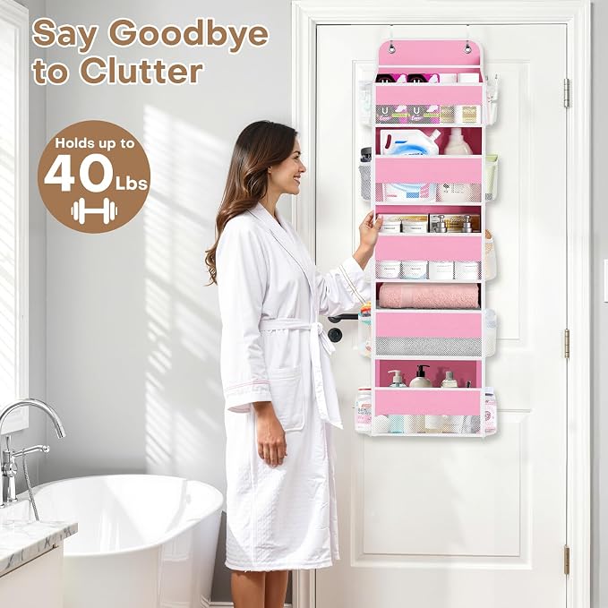 Over the Door Organizer, 5 Large Pocket Hanging Storage with 40lb Capacity | Space Saving Door Storage for Nursery, Bathroom, Bedroom and Closet, Baby Essentials and Toiletry Organizer, Pink