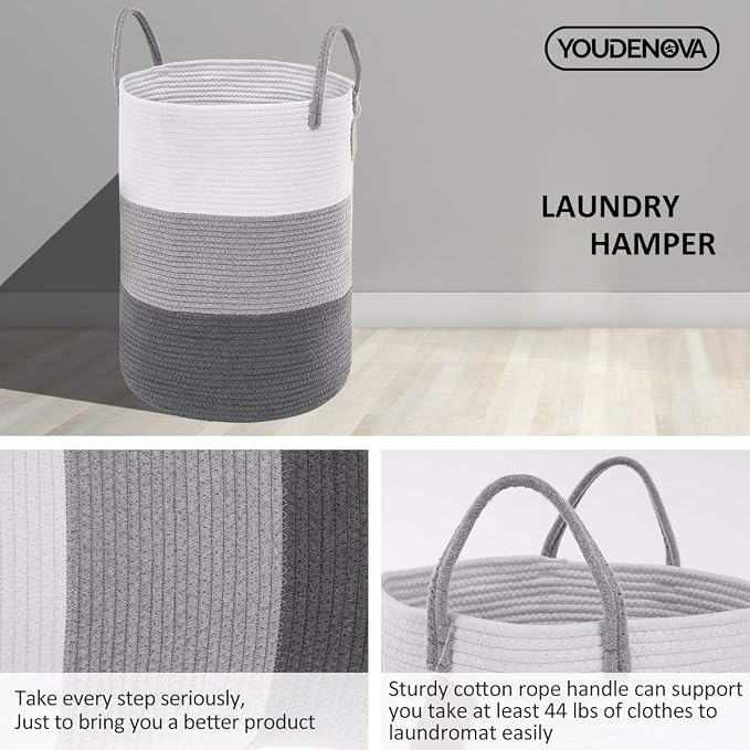 YOUDENOVA Cotton Rope Laundry Hamper Basket, 58L Blanket Basket for Nursery | Large Woven Laundry Hamper with Sturdy Handles, Collapsible Home Decor Laundry Basket for Laundry, Clothes, Toys in Bedroom