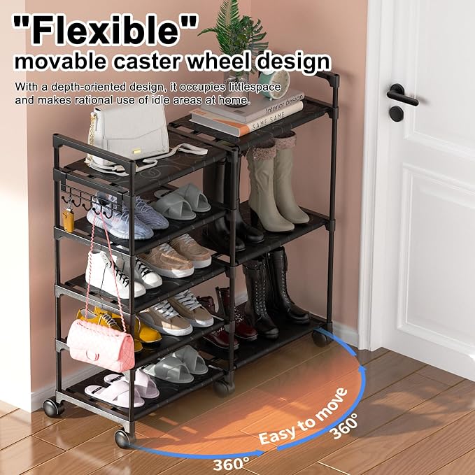 CSXGBAB Shoe Rack Organizer, 5-Tier Large Shoe Stand with Wheels Easy to Mobile Tall Shoe Storage Shelf for Closet, Entryway or Garage for 16–18 Pairs