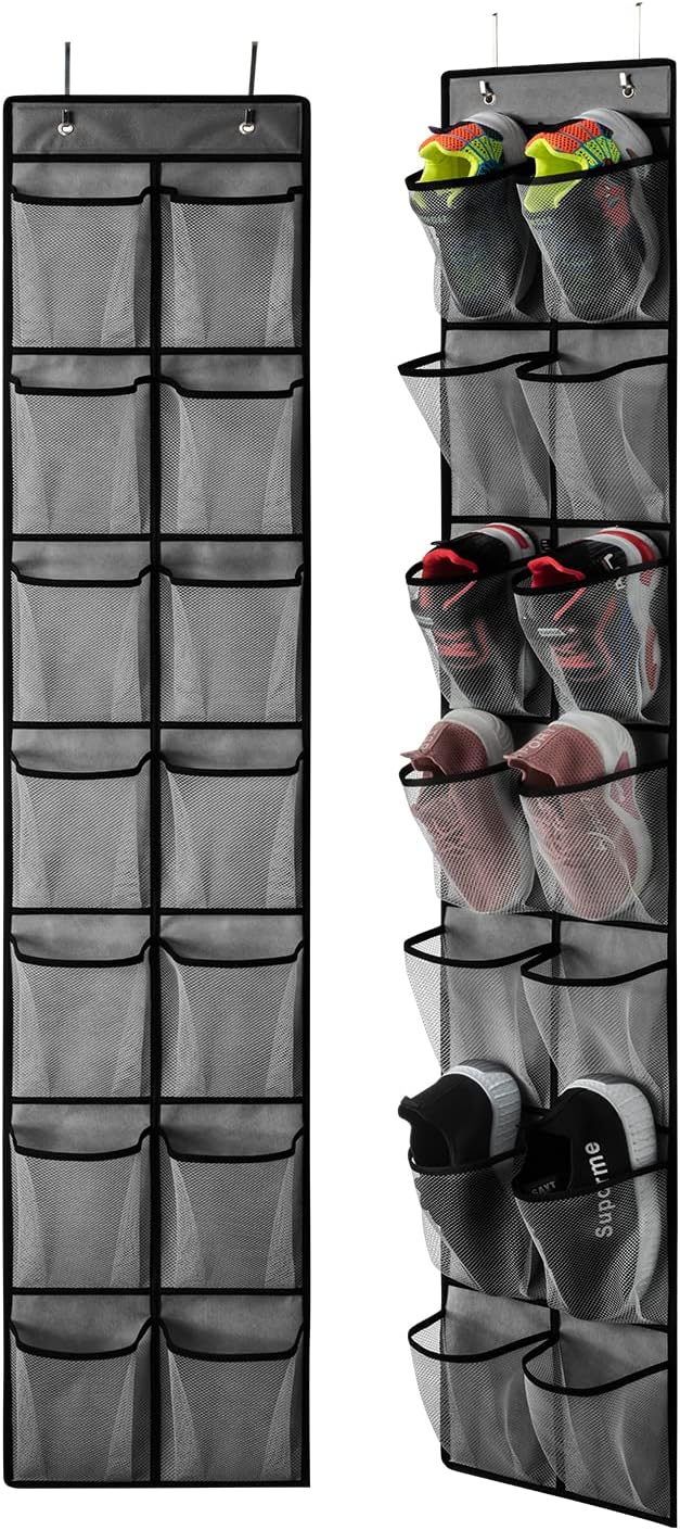 KEEPJOY 2 Pack Grey14 Pockets Over the Door Shoe Organizer, Hanging Shoe Organizer with 4 Hooks Door Shoe Holder with Mesh Deep Pockets Closet Door Shoe Storage Bag (Grey-2Pack)