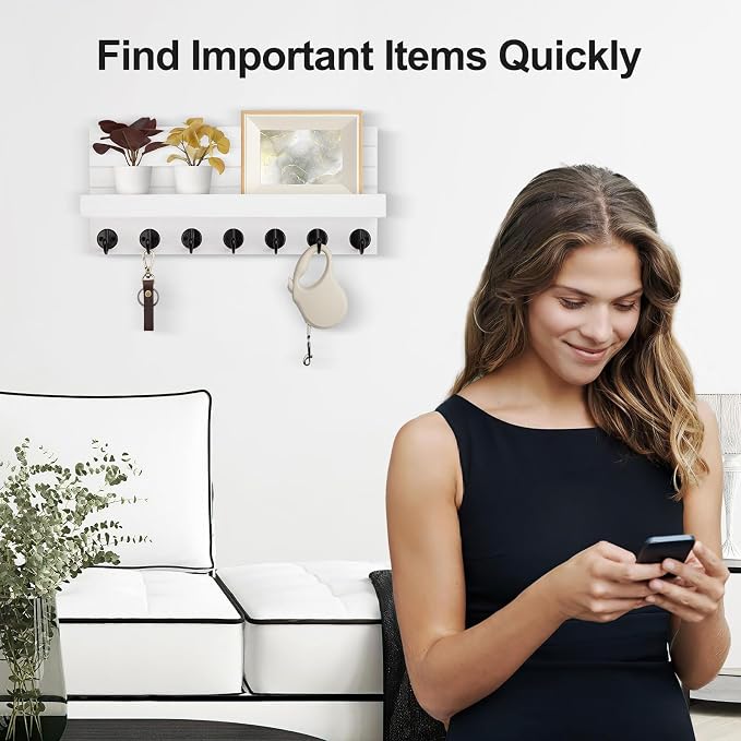 Lwenki Key Holder Wall Mount, Entryway Key and Mail Holder with 7 Sturdy Hooks for Sunglasses, Dog Leash, Decorative Wall Shelf with Mounting Hardware, 15”W x 6.7”H x 4.2”D (White)