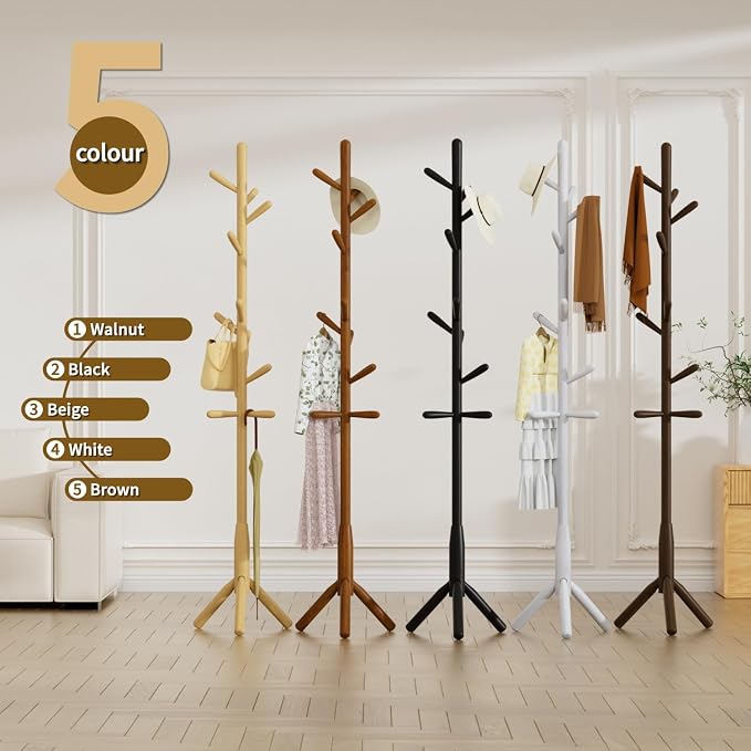 Solid Wood Coat Rack, Freestanding Tree-Shaped Coat Rack with 11 Hooks, Main Pole 1.6" dia,for Clothes, Hat Stand Used in Bedroom/Office/Entryway (3-Leg Base, Dark Walnut)