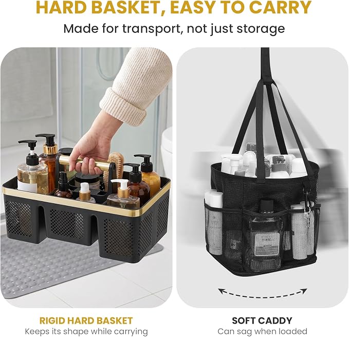 BYUNER Portable Cleaning & Shower Caddy with Handle: Rigid Plastic Basket with 4 Divided Compartments, All-Side Drainage for College Dorm, Bathroom & Utility Use, Black/Gold