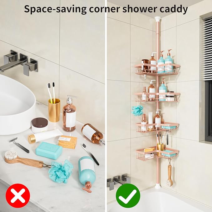 KEGII Corner Shower Caddy Tension Pole, Bathroom Organizer, Blush Nude | 28 Hooks, Soap Holder and Razor Rack for Family Bathrooms, 4-Tier Storage with Rustproof Steel, Fits 25-114.2 inch Heights