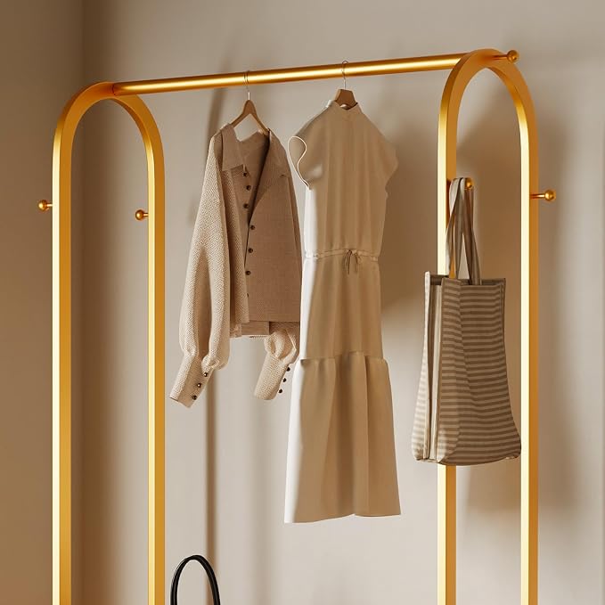 Gold clothing rack with bottom Storage shelves and 6 side hooks,Sturdy metal clothes rack for Hanging Clothes,Modern garment rack Wardrobe Rack for Bedroom or Boutique