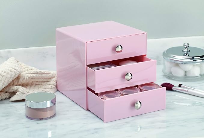 iDesign Plastic 3-Drawer Jewelry Box, Pink, 6.5" x 6.5" x 6.5" | Compact Storage Organization, For Cosmetics, Dental Supplies, Hair Care, For Bathroom, Office, Dorm, Desk, Countertop