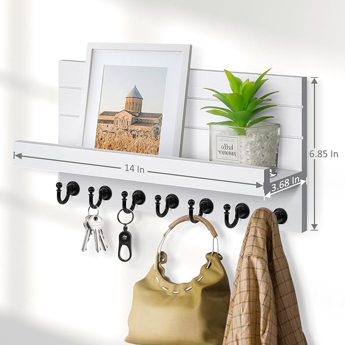 HONJIN Key Holder for Wall: Upgraded 7 Sturdy Key Hooks Easy Installation Mail Organizer Wall Mount Hanging Key Rack for Kitchen and Entryway Decor
