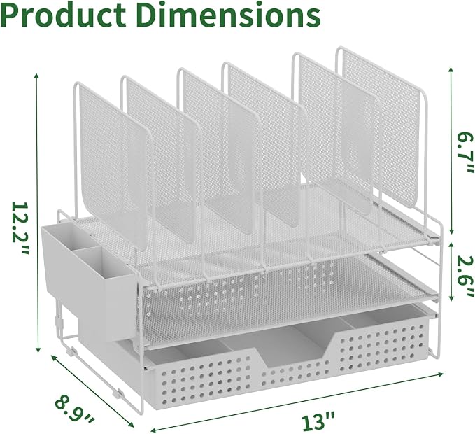LEKETREE Desk Organizer, Office Organization with Vertical File Holder, File Organizer with Drawer and Pen Holder, Desk Accessories and Workspace Organizers for Home Office (White)