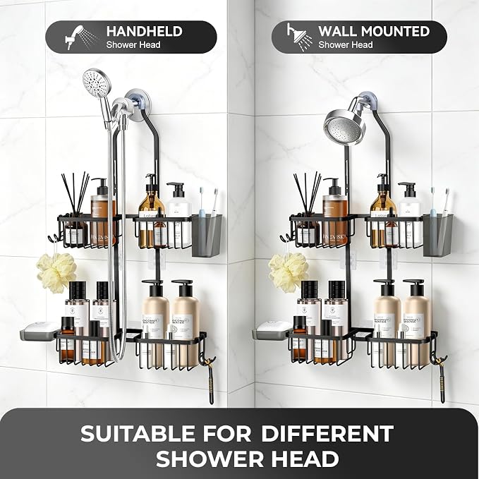 Adjustable Hanging Shower Caddy for Handheld Showerhead, Rustproof Aluminum Over Shower Head Organizer, Renter-Friendly No-Swing Storage for Tall Bottles & Soap, 2-Tier, Black