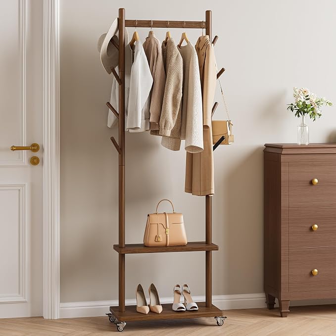 Yoobure Solid Wood Coat Rack Freestanding - Rolling Clothes Rack with 8 Hooks & Shelves, Small Clothing Rack with Wheels, Heavy Duty Clothing Racks for Hanging Clothes, Portable Hall Tree for Entryway