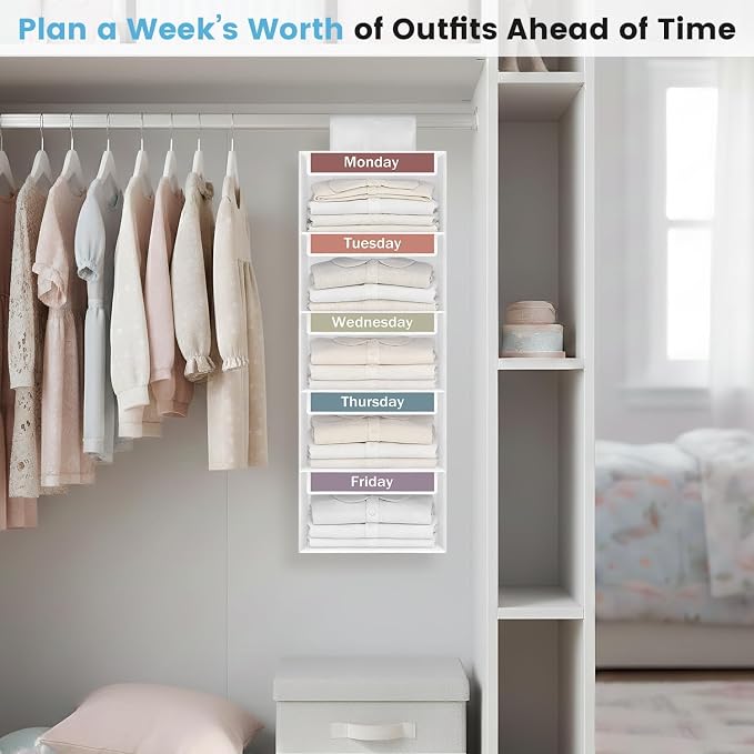 Weekly Clothes Organizer for Kids, 5-Shelf Kid Hanging Closet Organizer w/ 6 Side Pockets, Labeled Weekly Outfit Organizer for Kids, Days of The Week Clothes Organizer Monday Through Friday White