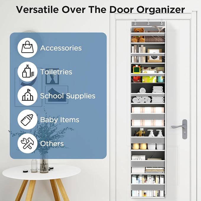 Mefirt Over The Door Organizer, 8 Shelf Door Hanging Organizers with 8 Large Capacity Pockets, Back of Door Organizer Storage Hanging Shelves for Closet Bathroom Bedroom Nursery