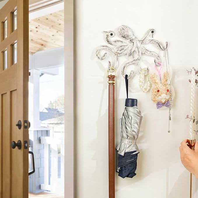 Sungmor Cast Iron Key Holder for Wall, White Octopus Hanger with 6 Hooks, | Wall Hooks for Towel, Bathrobe, Necklaces, Purse, Dog Leashes, Bathroom Nautical Decor