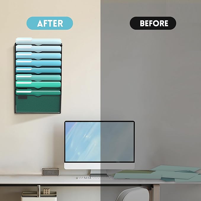 SUPEASY 8-Tier Wall File Organizer, Wall Mounted Mail Sorter, 2 Pack | Metal Mesh Hanging File Organizer with Open Compartments and Label Panels for Papers and Folders at Home, Office or School