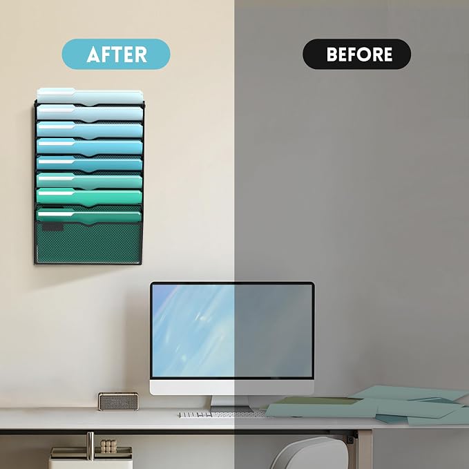 8-Tier Wall File Organizer, Hanging File Holder, Wall Mounted Mail Sorter | Metal Mesh Hanging File Organizer with Open Compartments and Label Panels for Papers and Folders at Home, Office or School