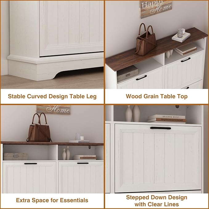 Hidden Shoe Storage Cabinet with 4 Flip Drawers & Open Storage | Farmhouse Modern Shoes Rack Cabinet,Adjustable Shelves ,Narrow Slim Shoe Organizer for Entryway,Foyer,Hallway,Antique White