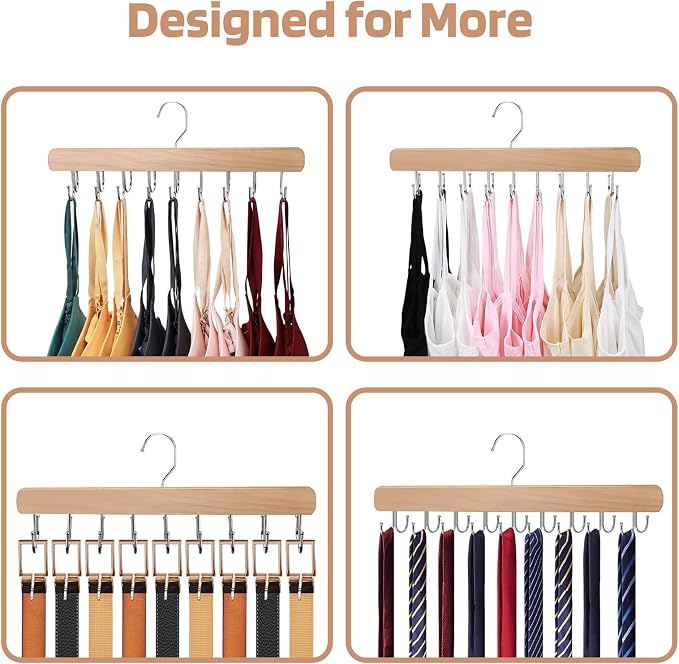 NECAMOCU 2 Pack Bra Hanger for Closet Organizer, Premium Tank Top Hangers | Wooden Bra Holder with 36 Foldable Hooks, 360° Rotating Design, Space Saving Storage for Tank Tops, Bras, Belts, and More