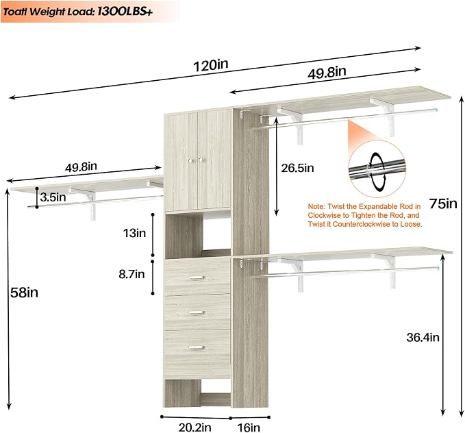 120 Inches Closet System With Doors, 10FT Walk In Closet Organizer with 3 Shelving Towers, Heavy Duty Clothes Rack with 3 Drawers, Built-In Garment Rack, Max Load 1300 LBS, White Oak
