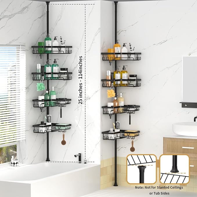 DAOYA Corner Shower Caddy - 4-Tier Shower Caddy Tension Pole with 2 Removable Soap holders Bathroom Shampoo Holder for Bathtub & Corner, Black, Floor to Ceiling 25-114.2 inch