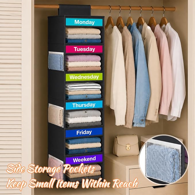 Weekly Clothes Organizer for Closet, 6-Shelf Hanging Closet Organizer with 6 Side Pockets(Black)