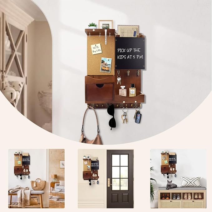 Key Holder Wall Mount, Mail Organizer Key Holder for Wall with Shelf, Drawer, Chalkboard, Corkboard, Home Decor Wall Mounted for Room Entryway(Vintage Brown)