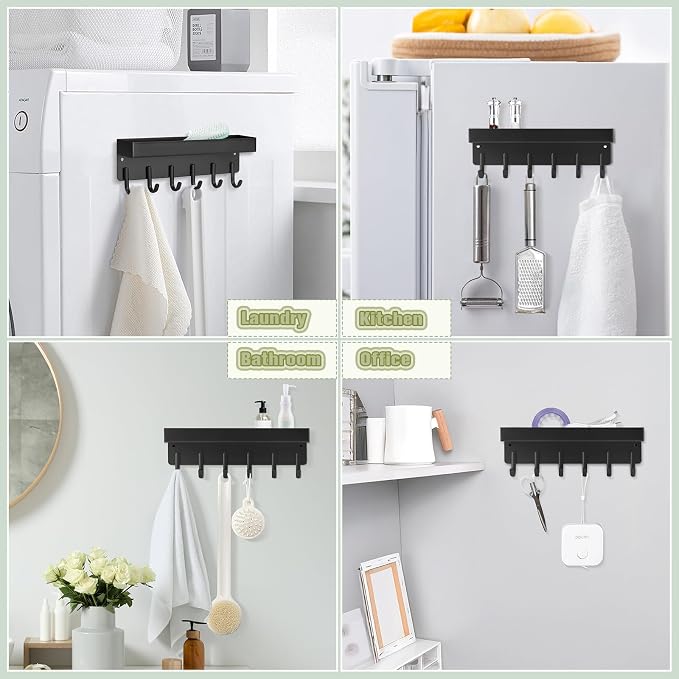 VIS'V Key Holder Wall Mount, Magnetic Key Rack with Tray, 6 Hooks, Black | 2 Mount Options, Metal Material, Compact Discreet Design, for Fridge, Kitchen, Entryway, Hallway, Doorway, Garage, Camper