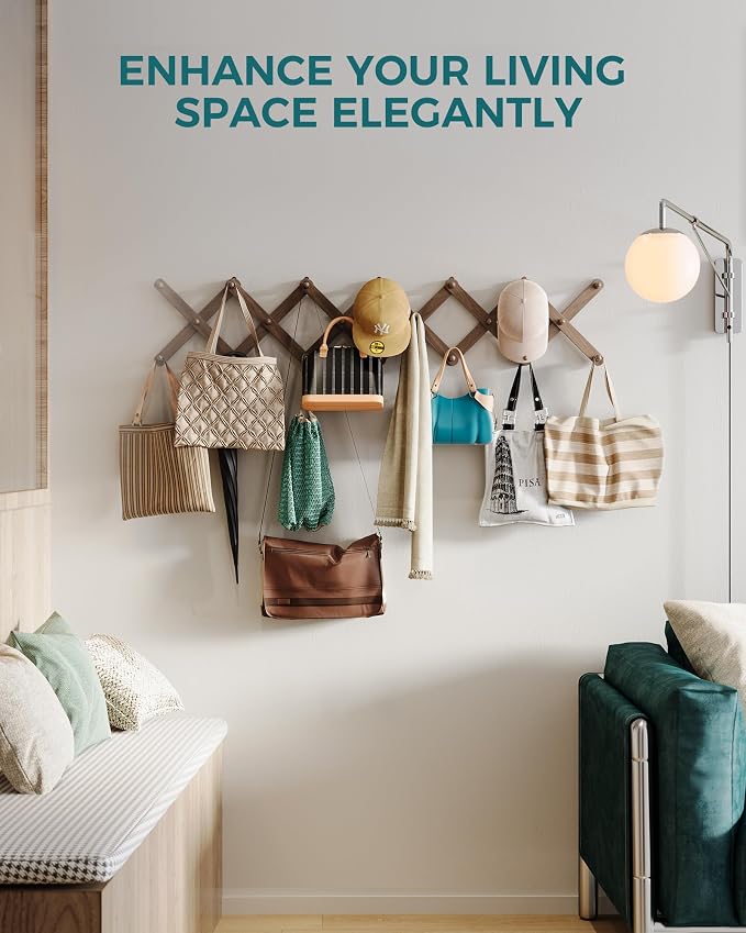 OROPY Accordion Wall Hanger with 20 Pegs, Expandable Wooden Coat & Hat Rack | Walnut Color, Hat Display Rack, X Shape Rack for Coat, Hats, Bags, Baseball Caps, Coffee Mug, Jewelry