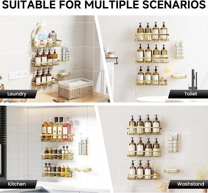 Shower Caddy, 5 Pack Shower Shelves for Inside Bathroom, Rustproof Adhesive Bathroom Organizer with Soap Holder, No Drilling Washroom Organizers and Storage for Bathtub Room/Kitchen/Home, Gold