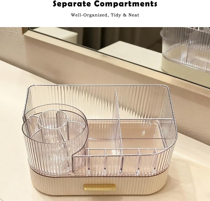 Makeup Organizer Countertop with 360 Rotating Brush Holder, Make Up Organizers For Vanity With Drawer, Bathroom Countertop Skincare Organizer And Storage