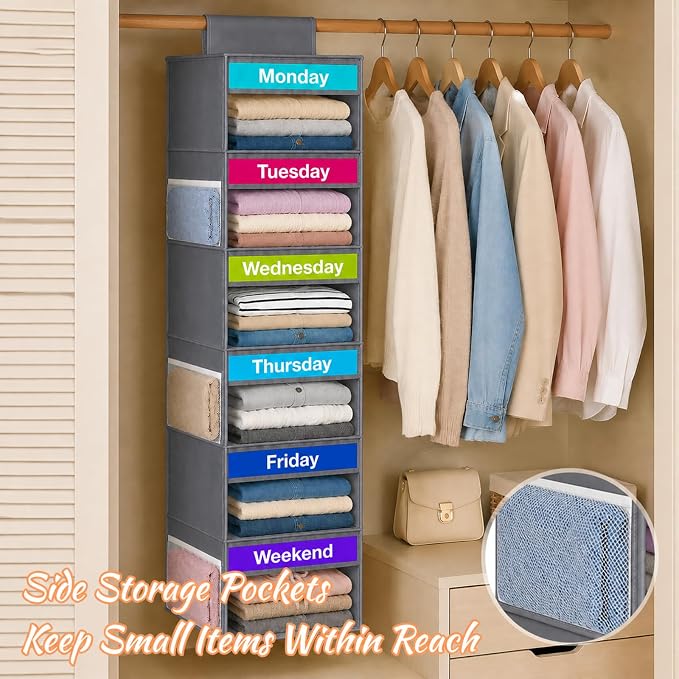 Weekly Clothes Organizer for Closet, 6-Shelf Hanging Closet Organizer with 6 Side Pockets(Grey)