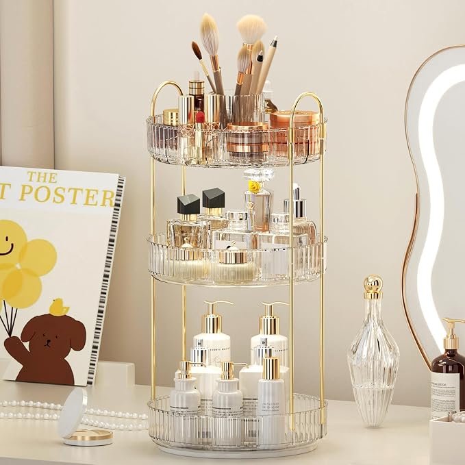 360° Rotating Makeup Organizer, Upgraded 3 Tier Skincare Perfume Organizers for Women, Bathroom Organizer Countertop, Clear Cosmetic Dresser Organizer with Makeup Brush Holder, Sink&Counte (Clear)