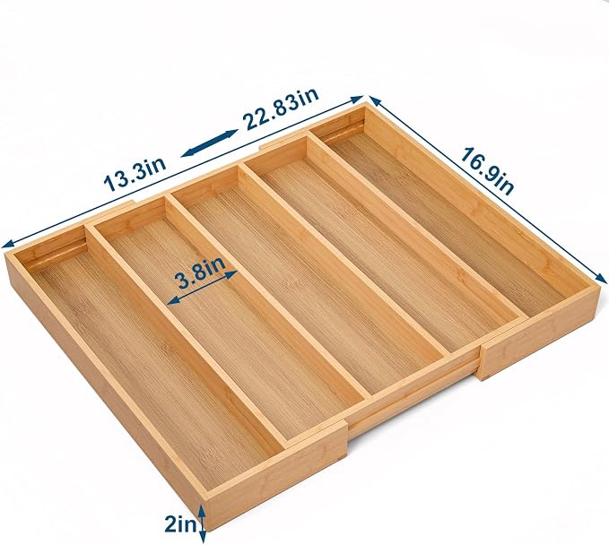 Fibogollo Expandable Bamboo Silverware Organizer, Kitchen Drawer Organizer | Flatware and Utensils Organizer Tray, Cutlery Organizer for Kitchen Drawer,Utensil Holder(13.3-22.8 x 16.9 x 2 inch)