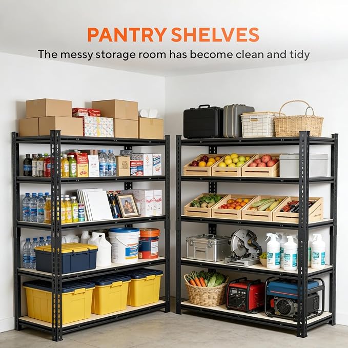 5 Tier Garage Shelving, Adjustable Heavy Duty Garage Shelves | 72 "H Metal Storage Shelves Unit for Basement,Warehouse,Pantry Kitchen
