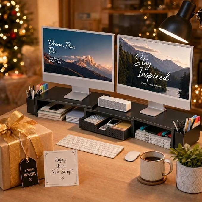 OPNICE Desk Organizers and Accessories, Dual Monitor Stand Riser with Drawer and 2 Pen Holders, Desk Shelf Computer Racks for Office Workspace Organizers, Desktop Organization (Black)