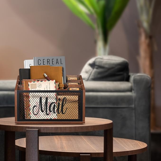 Mail Organizer Countertop with 3-slots | Wooden Mail Holder for Desktop | Farmhouse Mail Sorter Wall Mounted | Office Desk Organizers for Bill Letter File