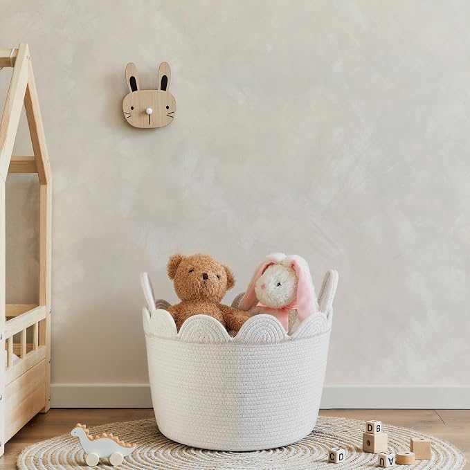 LemonRoad White Round Basket Large Blanket Basket 16" x 14" Scalloped Woven Baskets Cotton Storage Baskets for Nursery Classroom Closet Blankets Storage Home Decor