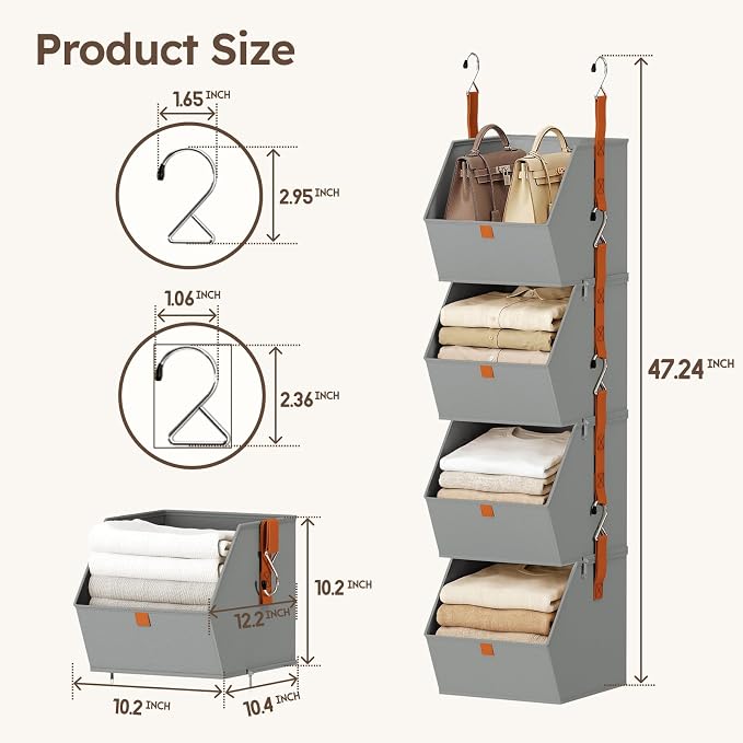 Homsorout Hanging Closet Organizer 4 Tier - Clothes Hanging Shelves, Space-Saving Closet System, Fabric Storage Bins Bedroom Organization, Collapsible Baskets for Home, Dorm, Rv, Grey, 8 Pack