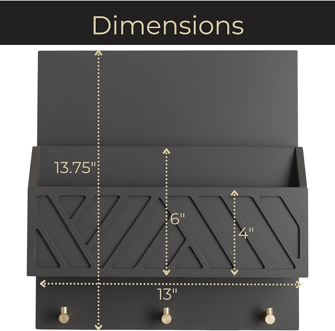 BLU MONACO | Wall-Mounted Mail and Key Holder in Grey Wood | Two-Tier Mail Organizer with Gold Hooks | Entryway Command Center for Home or Office