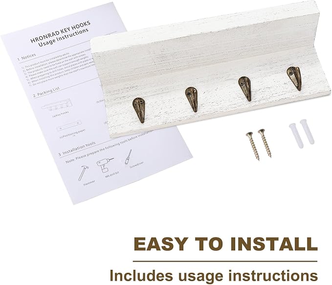 HRONRAD Rustic Key Holder for Wall, Farmhouse Wall Shelf with 4 Hooks, Wall Mounted Key Racks, Wooden Mail Organizer with Hooks for Entryway (White)