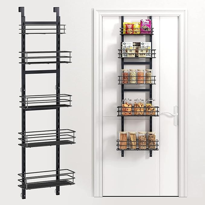 5-Tier Narrow Pantry Door Organizer,Over the Door Pantry Organizer,Black | Height Adjustable Heavy Duty Hanging Metal Basket,Back of Door Organizers and Storage for Home,Kitchen,Laundry,Bathroom