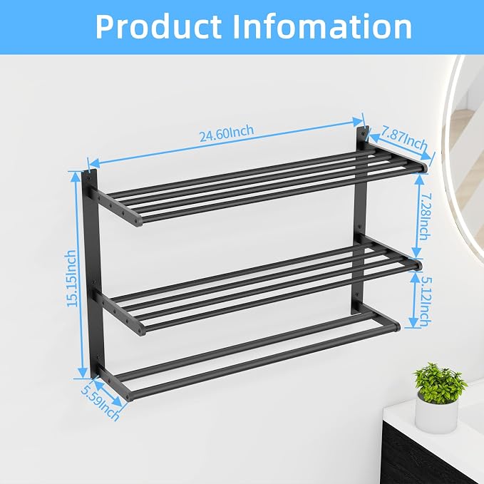 KLJKPA 24 Inch Towel Racks for Bathroom Wall-Mount, 3-Tier, Black | Towel Shelf with Double Towel Bar, Towel Holder, Towel Storage for Bathroom Lavatory, Stainless Steel, Space Saving