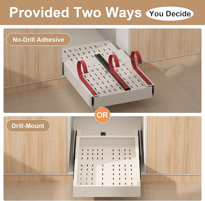 Pull out Cabinet Organizer,Width (11"-17") and Depth (25"-32") Expandable With 3 Rails,No Drill Adjustable Slide out Drawers for Kitchen,Pantry,Adhesive Roll out Shelves,for Cabinets Without Lip,White