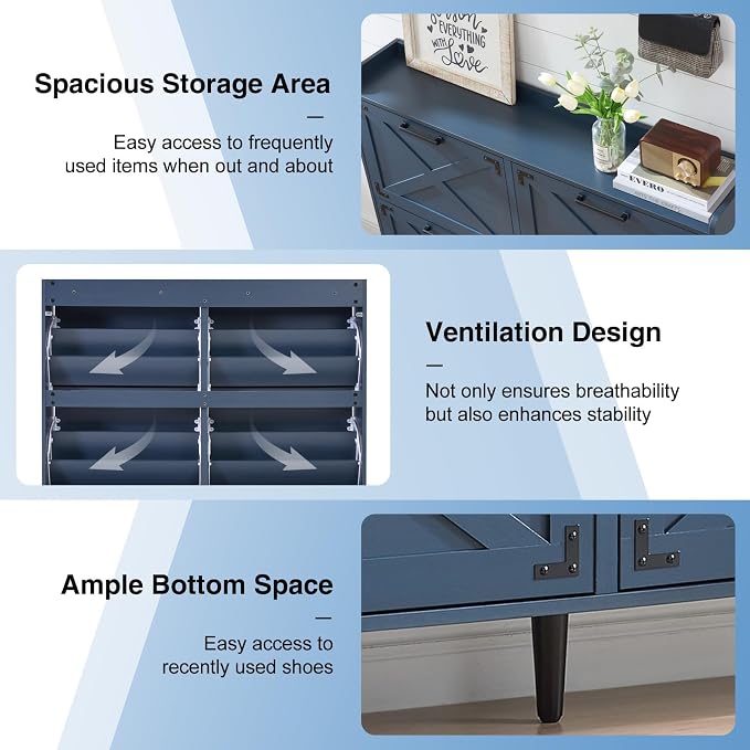 Barnyatoh Farmhouse Shoe Storage Cabinet,Shoe Organizer with 4 Flip Drawers | Freestanding Hidden Slim Narrow Shoe Rack Cabinet,Barn Door Design, Wood Shoes Organizer for Entryway,Foyer,Hallway,Navy Blue