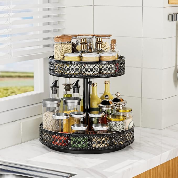 2 Tier Lazy Susan Organizer - Adjustable Rotating Spice Rack 12 inch | Floral Turntable Lazy Susan for Cabinet Pantry Kitchen Countertop Table Top Cupboard Bathroom Vanity Storage Metal Black