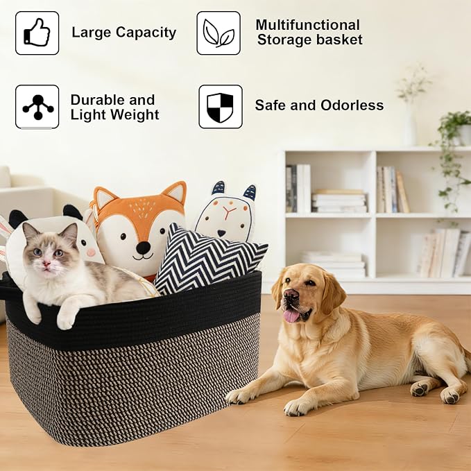 96L XXXLarge Woven Laundry Basket with Sturdy Handles - Black/Jute | Machine washable,Space-Saving Collapsible Design,Cotton rope, blanket basket living room,for toys clothes nursery bathroom