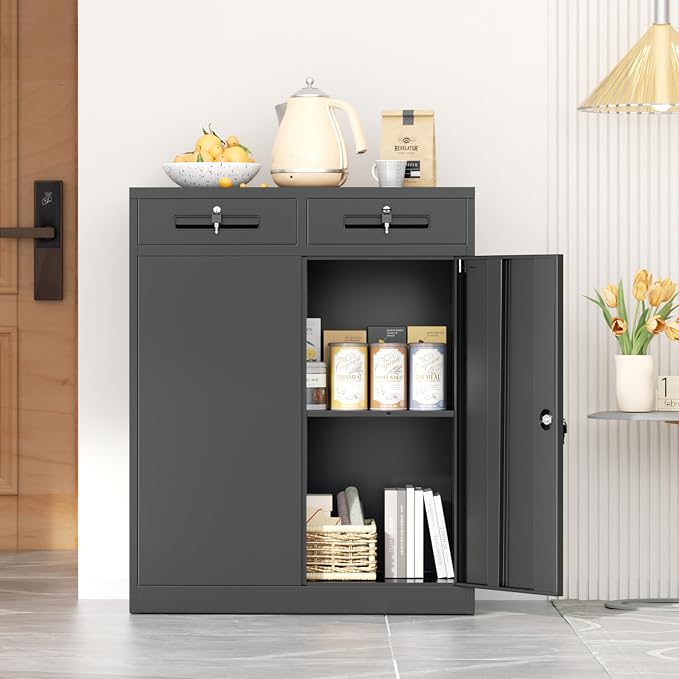INTERGREAT Metal Garage Storage Cabinets with Lock,Steel Storage Cabinet with Drawer and 2 Adjustable Shelves, Small Lockable Office Steel Cabinet for Home, Warehouse, School, Black