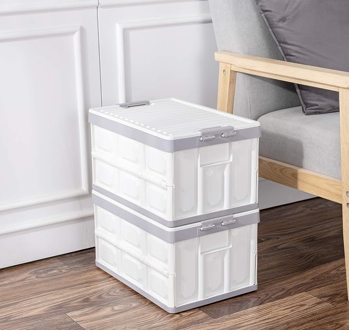 Collapsible Storage Bins with Lids 30L, Folding Plastic Stackable Utility Crates 2-Pack, Durable Containers for Home & Garage Organization - Oyster White