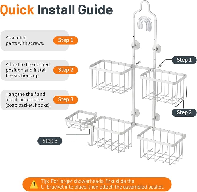 Luxspire Hanging Shower Caddy Overhead, Shower Organizer Hanging, White | No Drilling Required, Height-Adjustable, Thickened Rustproof Stainless Steel, Heavy-Duty, Include 8 Hooks And Soap Holder